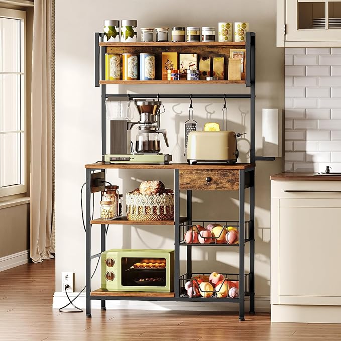 HOOBRO Bakers Rack with 4 AC Power Outlets, 5-Tier Coffee Bar with Wire Basket - Image 2