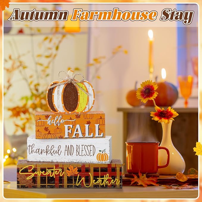 Geelin 4 Pcs Thanksgiving Decorations Fall Wooden Sign Pumpkin Tiered Tray - Image 5