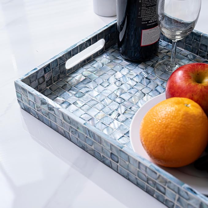 PEMAR Rectangular Mother of Pearl Serving Tray Nacre Wood Lap Ottoman Tray - Image 13