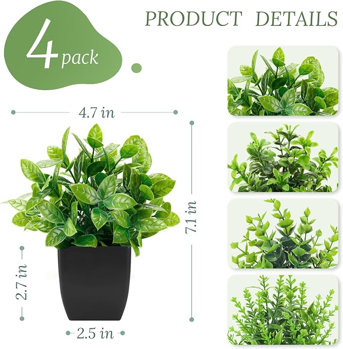 Der Rose 4 Pack Black Bathroom Decor Fake Plants Mini Artificial Greenery - Image 3