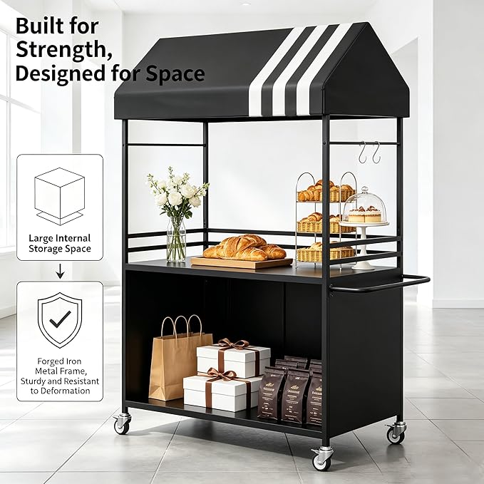 Portable Vendor Cart with Canopy, Outdoor Mobile Food Cart with Wheels - Image 4