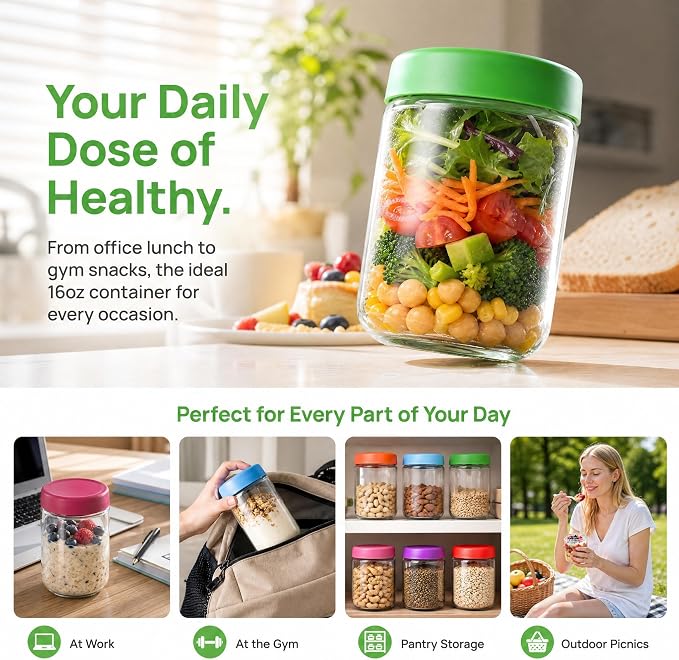 EONJOE 16oz Glass Jars for Overnight Oats Snacks Salad Yogurt Pudding Cereal - Image 4