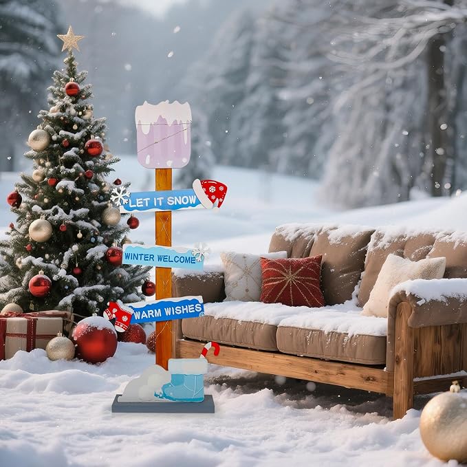 Lighted Wooden Christmas Porch Sign | Let It Snow Winter Welcome Porch Decor - Image 8