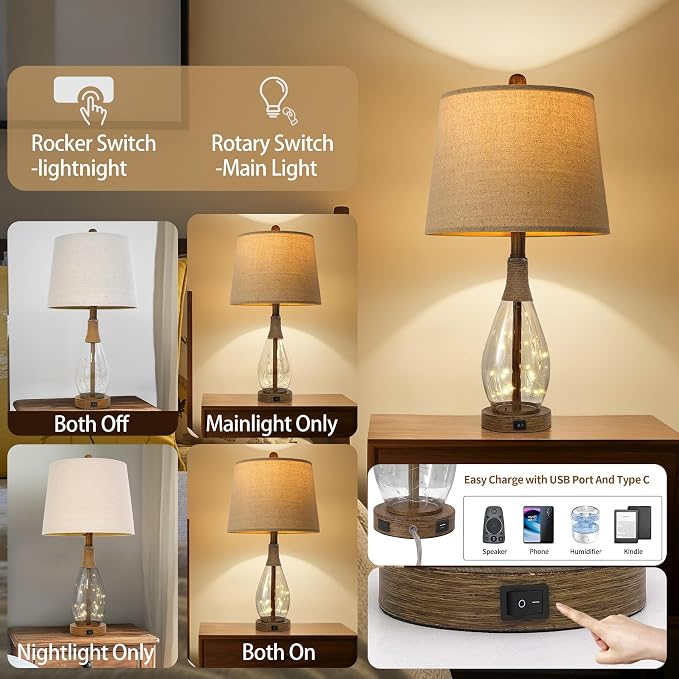 OYEARS 23" USB A+C Table Lamp for Bedroom Living Room Modern Bedside Lamps - Image 2