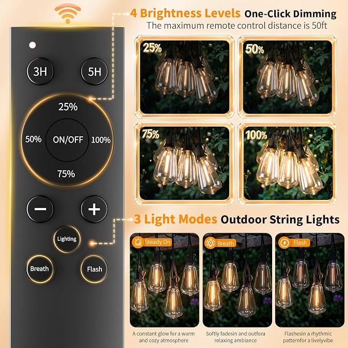 Hotsonic Solar Outdoor String Lights Waterproof, 50FT Remote Control LED - Image 5