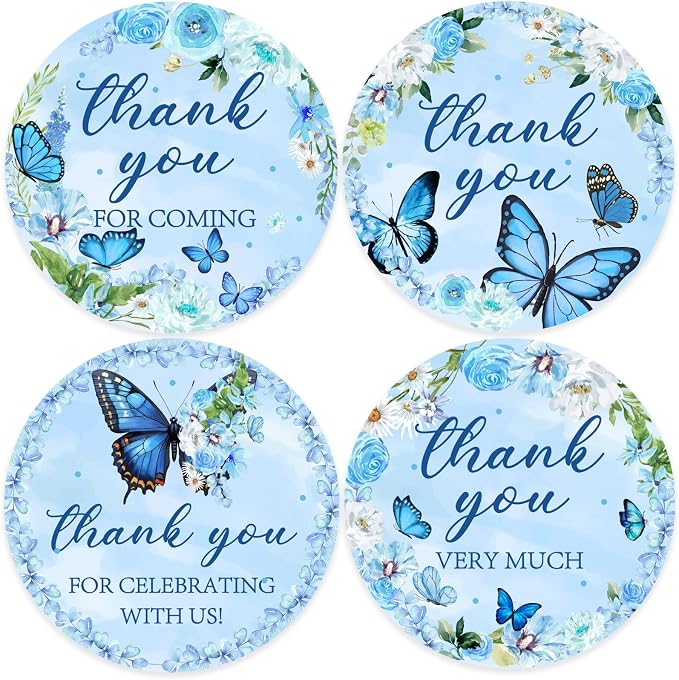 Serencatcher 80pcs Blue Butterfly Thank You Stickers, Floral Thank You by Serencatcher