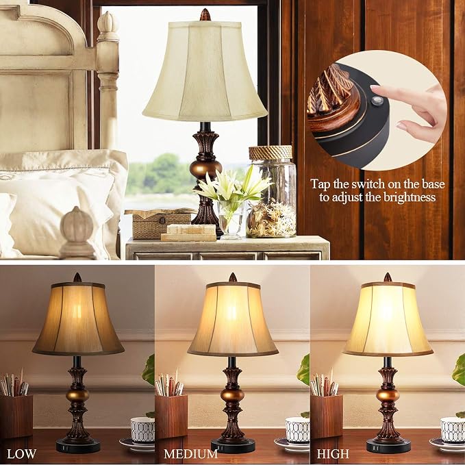 Touch Control Traditional Table Lamp Set of 2, Vintage Bedside Lamps - Image 2