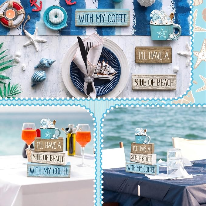 Lineshading 4 Pcs Summer Table Decorations Beach Coffee Bar Wooden Block Sign - Image 8
