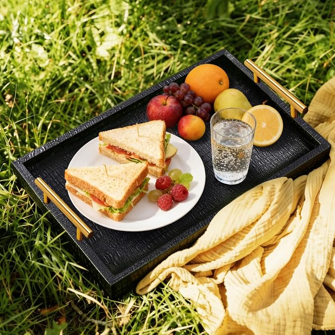 SXNOWS 17"x12" Black Faux Leather Serving Tray - Image 2
