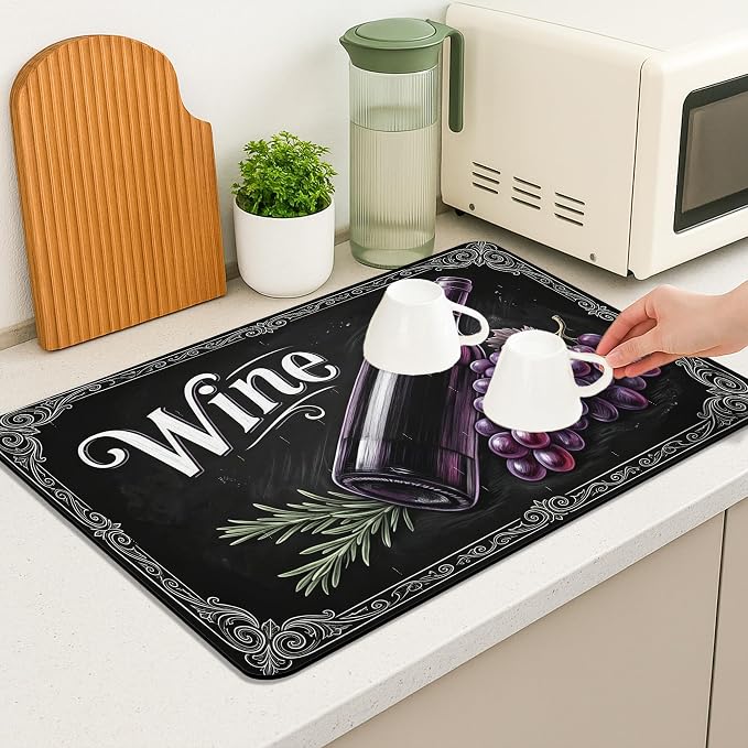 Wine Inspired Dish Drying Mats for Kitchen Counter, Vintage Black Grapes - Image 5