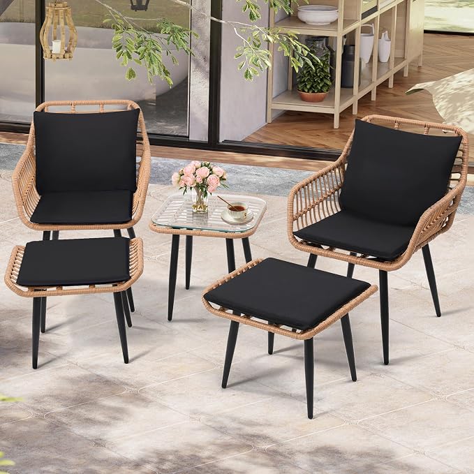 KROFEM 5 Piece Wicker Bistro Patio Conversation Furniture Set, Includes 2 Chairs - Image 3