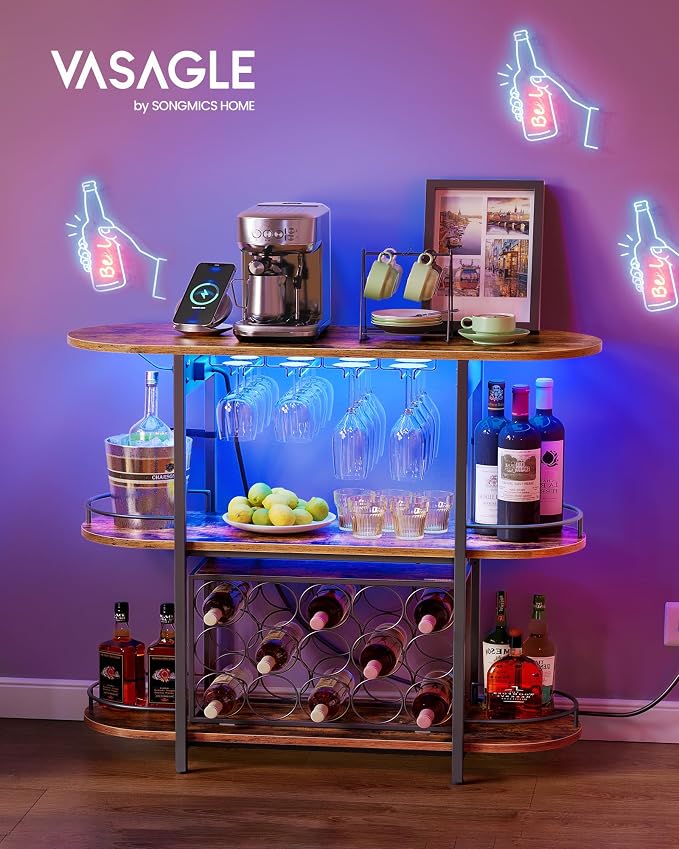 VASAGLE Bar Cabinet with LED Lights and Power Outlets, Freestanding Coffee Bar - Image 4