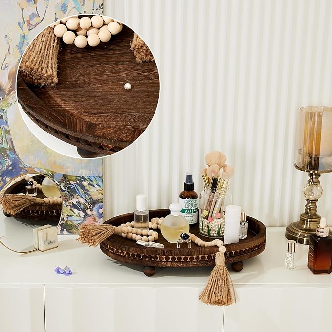Wooden Decorative Tray-16×11.8in Wood Beaded Coffee Table Decor Tray, Rustic - Image 5
