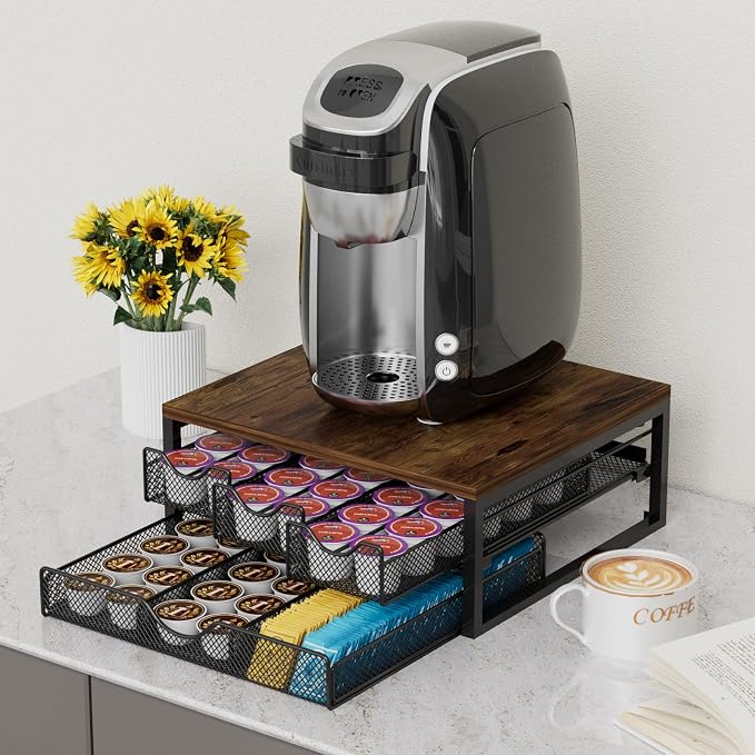 Coffee Pod Holder For Counter, 3 Pull-Out 72 K-Cup Holder Drawer, Wooden Cafe - Image 2