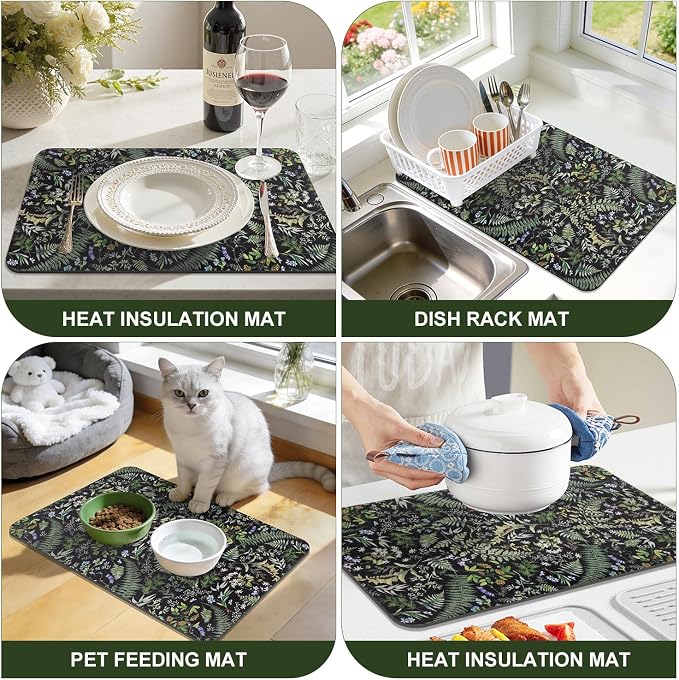 LOKHOM Dish Drying Mat for Kitchen Counter, Sage Green Plant Dish Drainer Rack - Image 7