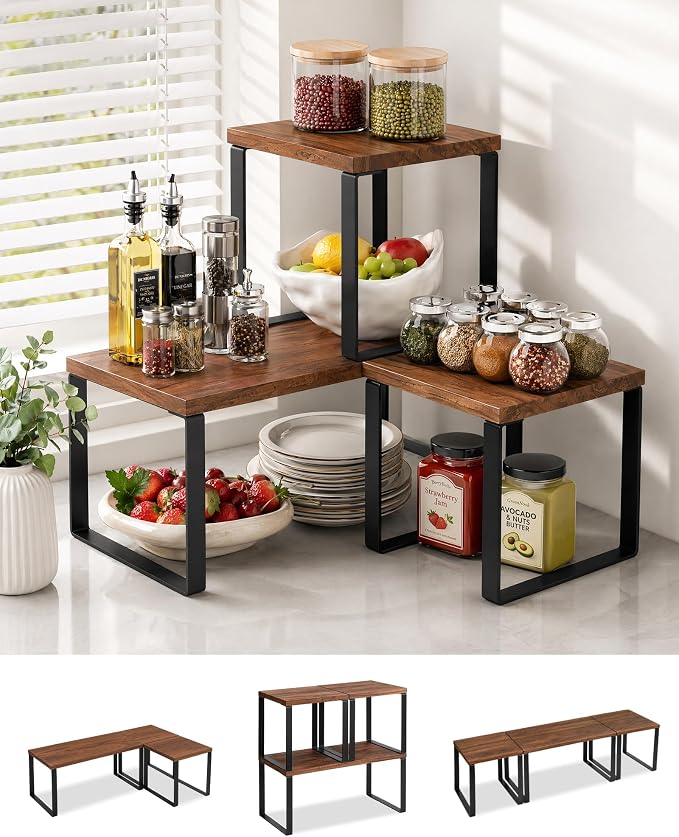 Countertop Organizer Corner Shelf, Wooden 2 Tier Stackable Kitchen Counter by Unknown