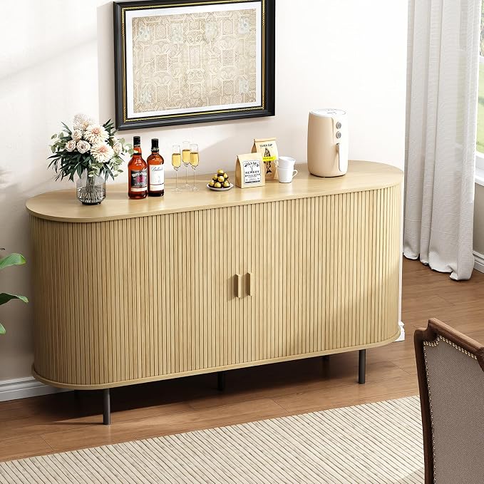 Buffet Cabinet with Storage, Fluted Sideboard Buffet with Sliding Door - Image 6