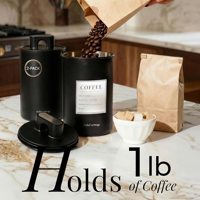 STYLED SETTINGS Vacuum Seal Coffee Bean Container Set – 2-Piece Stainless Steel - Image 3