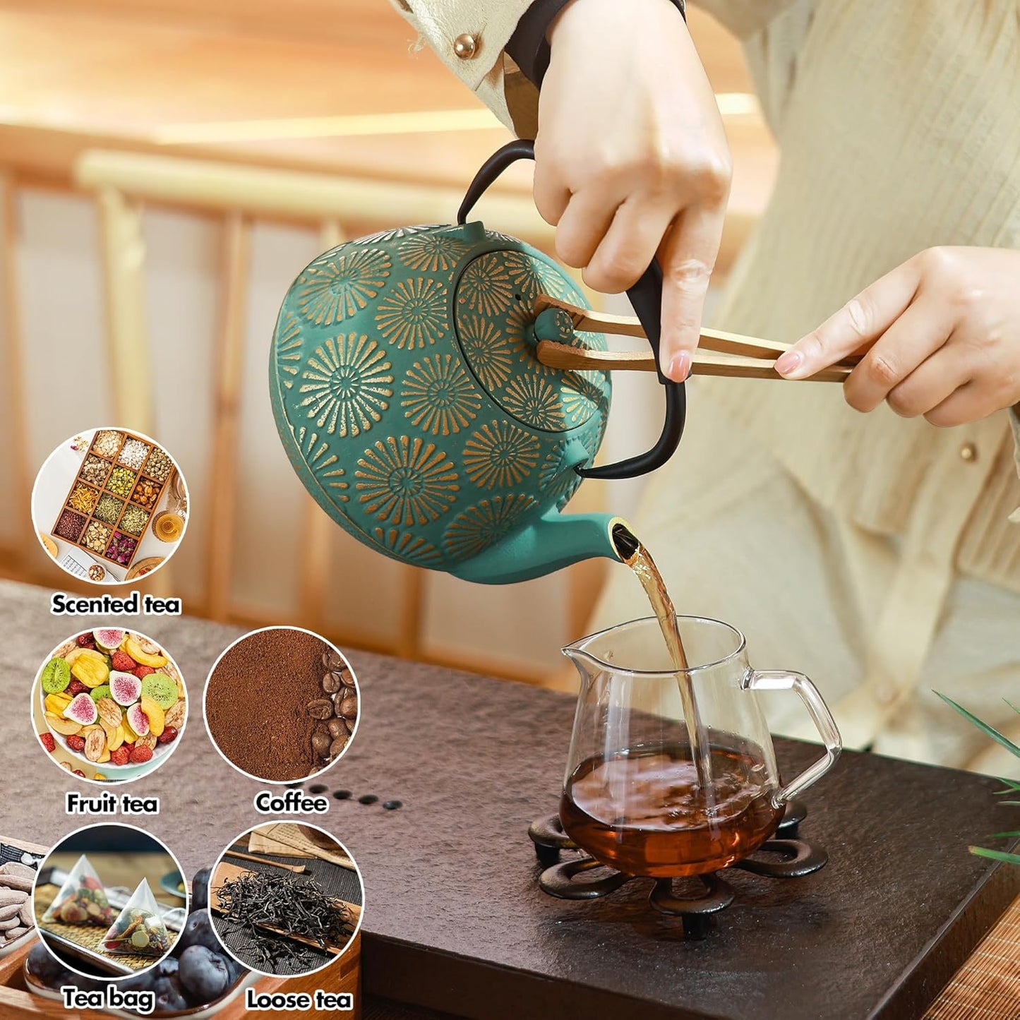 Cast Iron Teapot, 40oz Tea Kettle with Infuser for Stove Top, Sakura Design Japanese Tea Pot for Tea&Coffee Coated with Enameled Interior, Silicone Handle 1200ml black