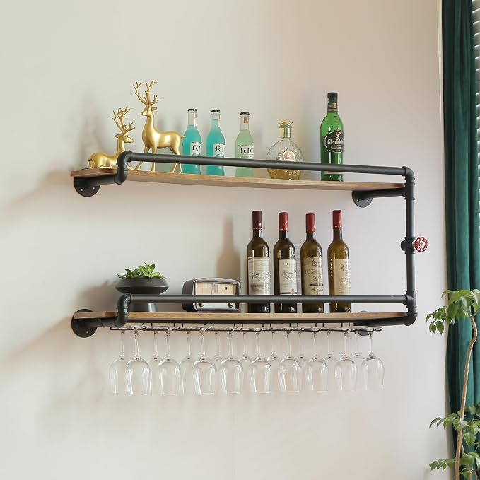 41 Inch Wine Rack Wall Mounted 2 Tier, Hanging Floating Bar Liquor Shelves - Image 8