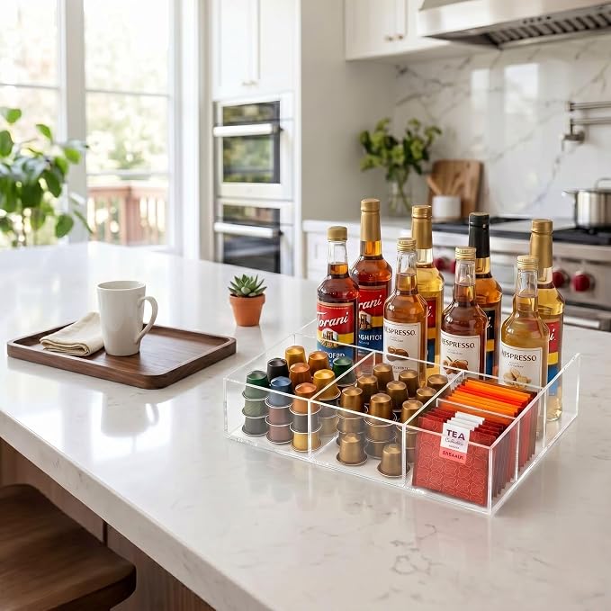 Acrylic Coffee Bar Station, Countertop Snack Tea Organizer & Condiment Tray | - Image 4