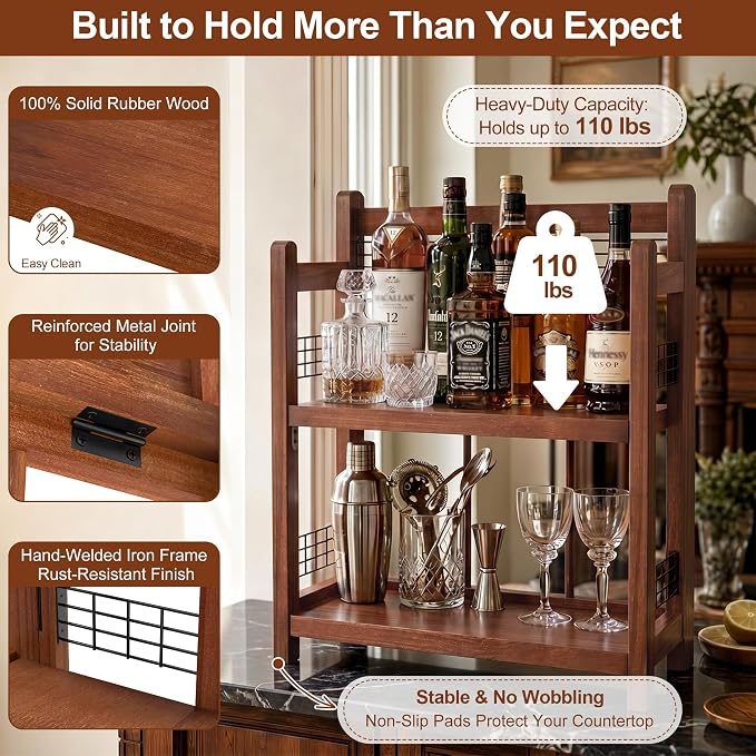 No-Assembly Coffee Bar Organizer, 2-Tier Coffee Station Shelf | Foldable Oak - Image 6