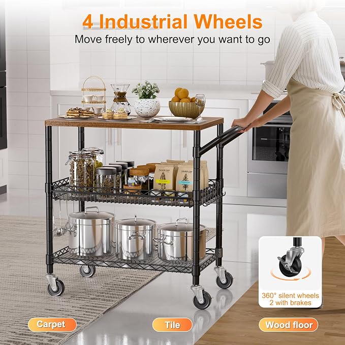 NTE Rolling Kitchen Carts on Wheels, 650Lbs Capacity 3 Tier Utility Cart - Image 7