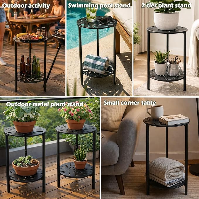 2-Tier Metal Round Side Table Black Accent Coffee Tables Small Space Corner - Image 4