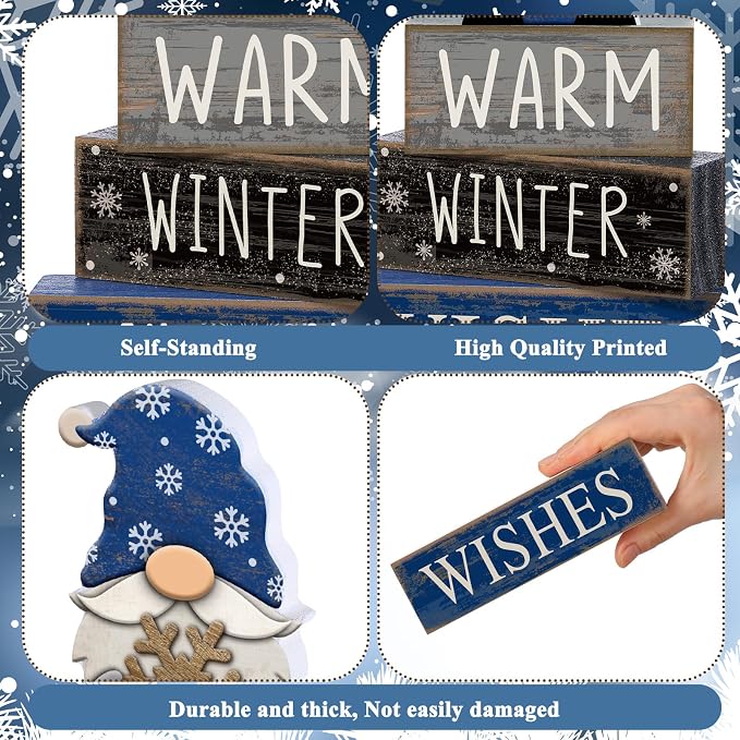 Lineshading 4 Pcs Winter Table Decorations Wooden Gnome Decor Winter Tiered - Image 6
