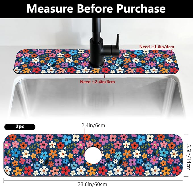 2 Pcs Floral Print Kitchen Sink Splash Guard Faucet Mat Plants Floral patterns - Image 2