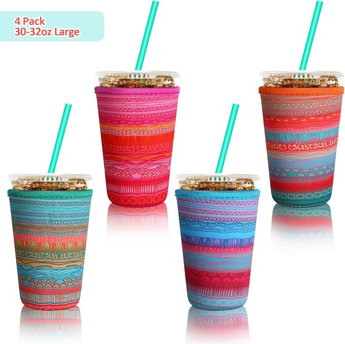 Patelai 4 Pack Reusable Iced Coffee Insulator Sleeve, Neoprene Coffee Cup Holder - Image 3