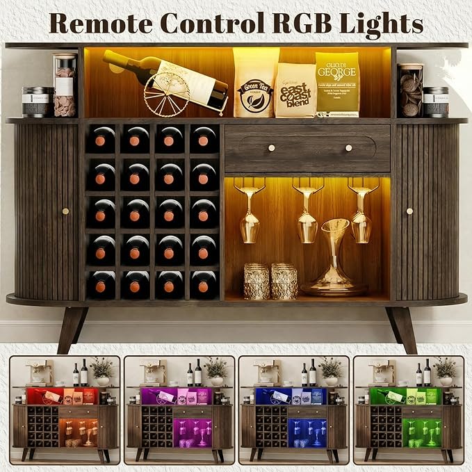 Loomie Wine Bar Cabinet with LED Light, Mid Century Modern Liquor Cabinet– - Image 4
