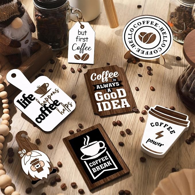 Yalikop 12 Pcs Coffee Bar Decor Tiered Tray Decor Set Farmhouse Wooden Gnomes - Image 6