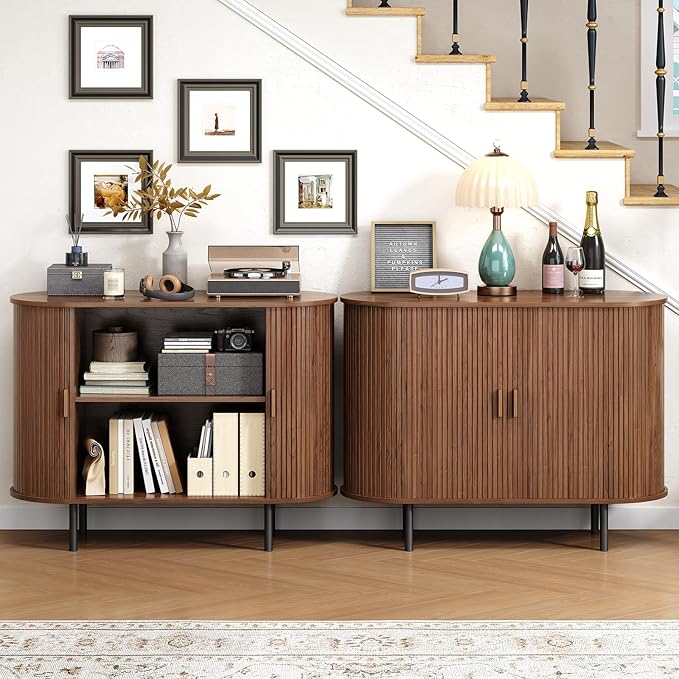 Buffet Cabinet with Storage, Fluted Sideboard Buffet with Sliding Door - Image 3