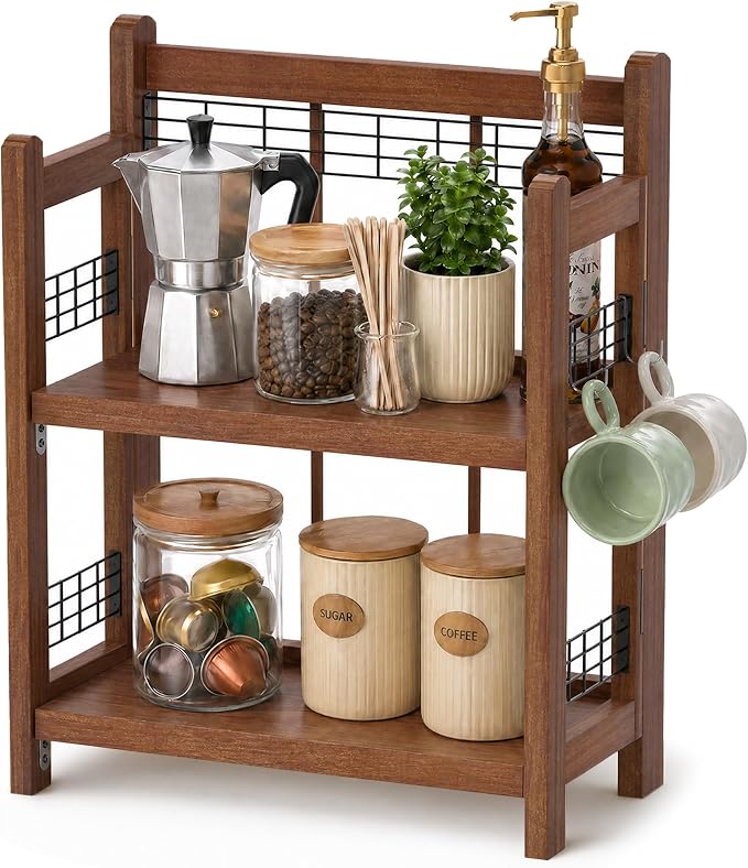 No-Assembly Coffee Bar Organizer, 2-Tier Coffee Station Shelf | Foldable Oak by JNFUZ