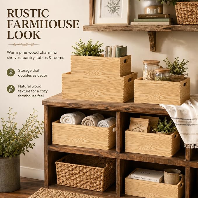 Wooden Crates for Display 5 Pack Rustic Nesting Wooden Basket - Image 3
