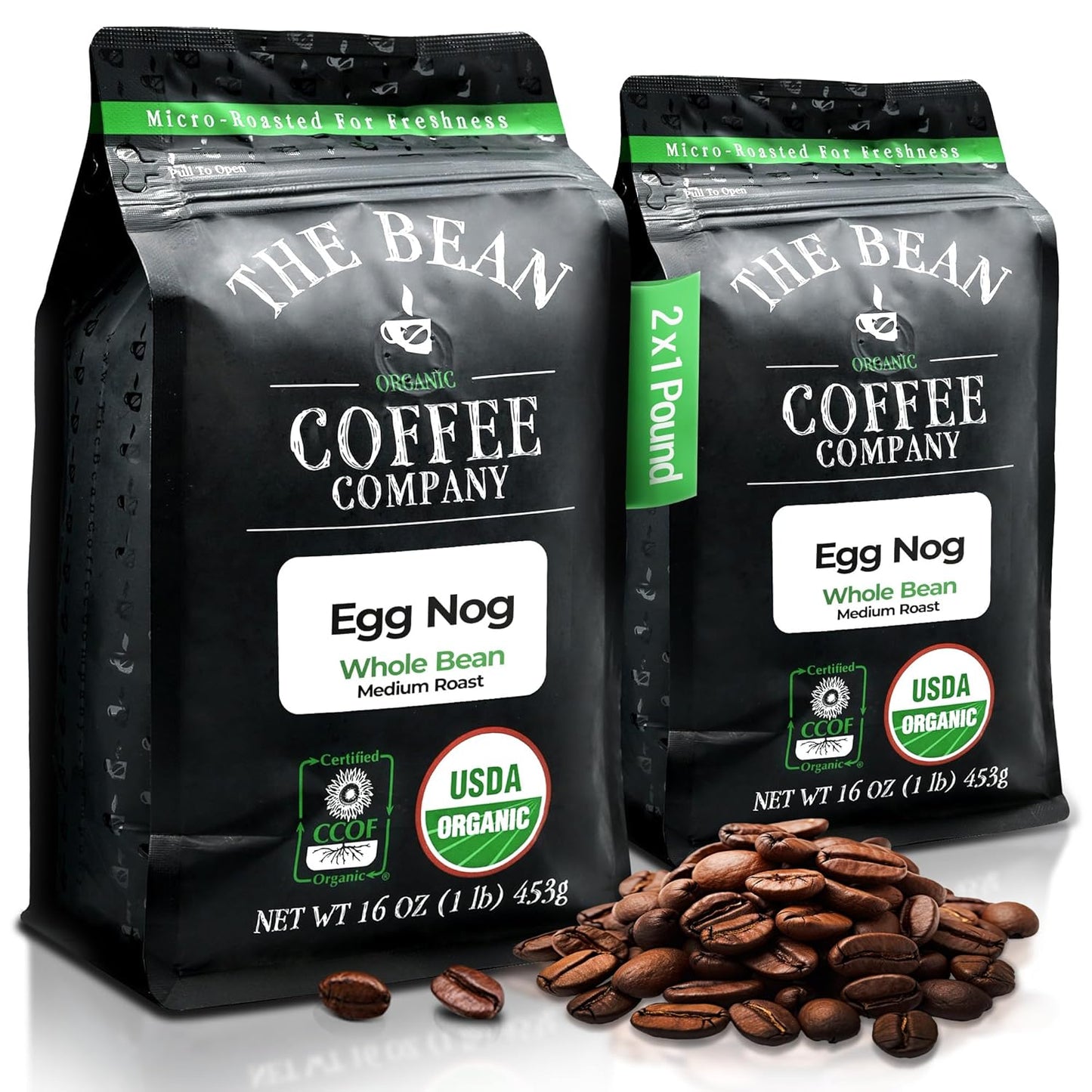 The Bean Organic Coffee Company Egg Nog, Medium Roast, Whole Bean Coffee, 16-Ounce Bags (Pack of 2)