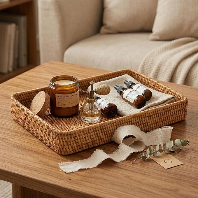 14.6" x 9.1" Large Wicker Storage Tray, Natural Rattan Basket Decorative - Image 8