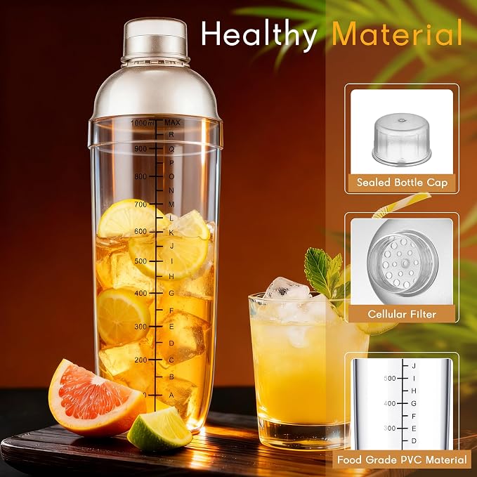 Plastic Cocktail Shaker with Measuring Scale 33oz, Leak-Proof & - Image 2