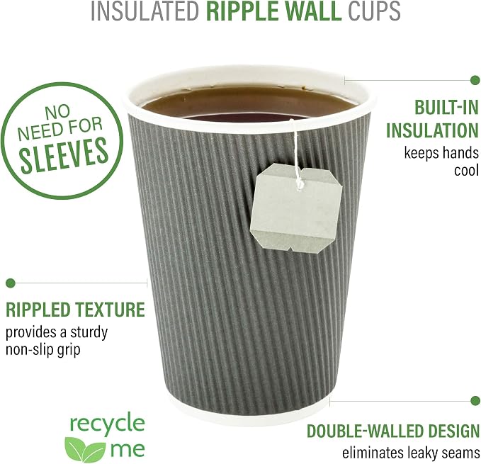 Restaurantware Ripple Wall Coffee Cups 25 Count 8 Ounce Insulated Gray Paper - Image 4