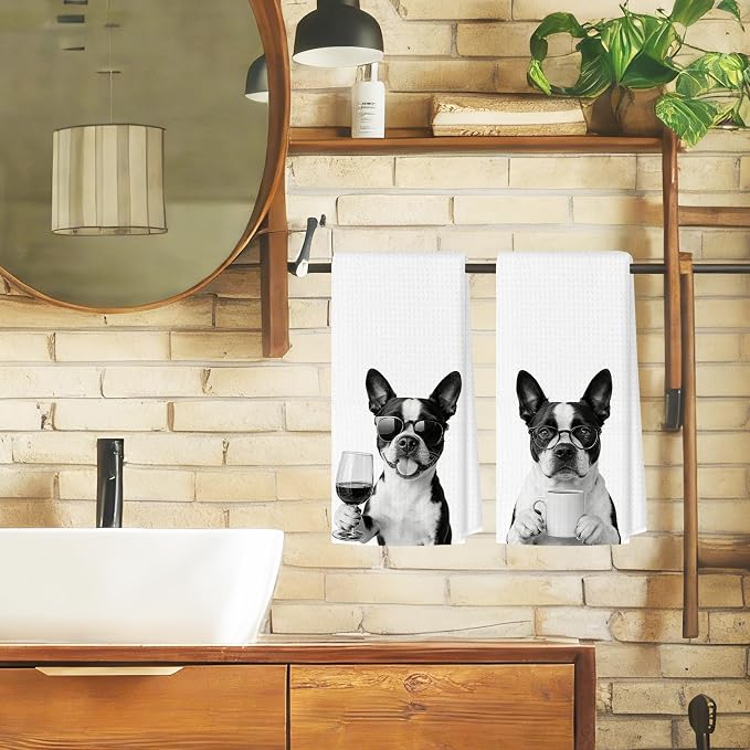 Funny Boston Terrier Kitchen Towels Set of 2, Dog Kitchen Bar Accessories - Image 4