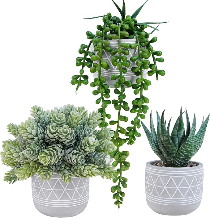 Winlyn Set of 3 Mini Faux Succulent Potted Plants Artificial Aloe Hops String by Winlyn