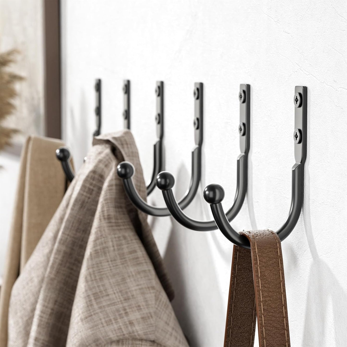 6 Pack Wall Hooks，Metal Hooks Hold up to 45 Lbs，Hooks Wall Mount for Hanging Towel/Coat/Bag/Keys/Cups，Ideal for Bathroom，Outdoor，Closet，Kitchen，Garage，Black
