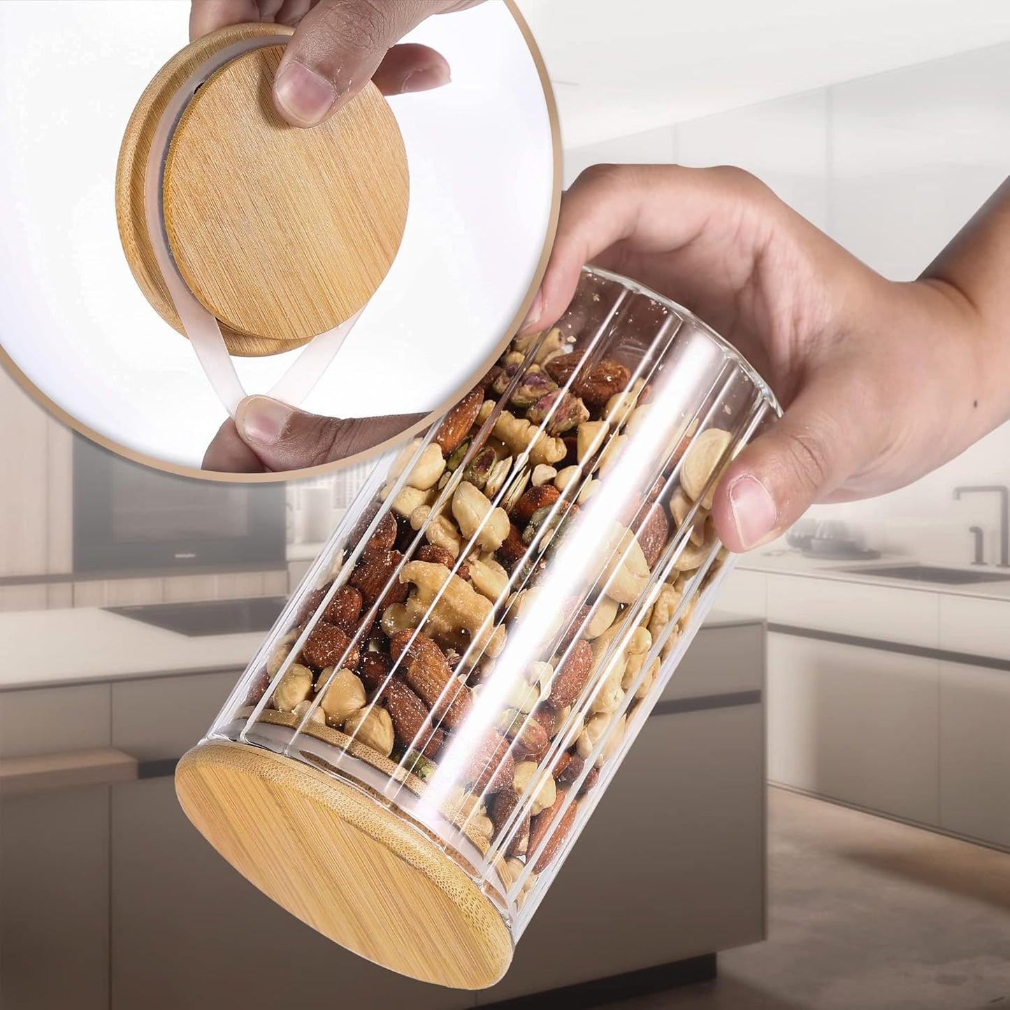 25 FL OZ Large Airtight Glass Jars with Bamboo Spoons Lids Overnight Oats Container Decorative Coffee Bar Food Storage Jar Cereal Nuts Salts Coffee Tea Flour Sugar Container Spice Jars