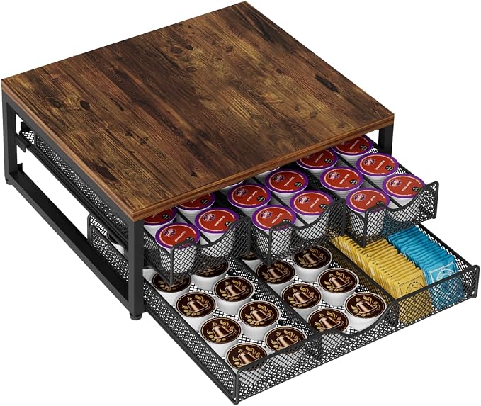 Coffee Pod Holder For Counter, 3 Pull-Out 72 K-Cup Holder Drawer, Wooden Cafe by NEYCIL
