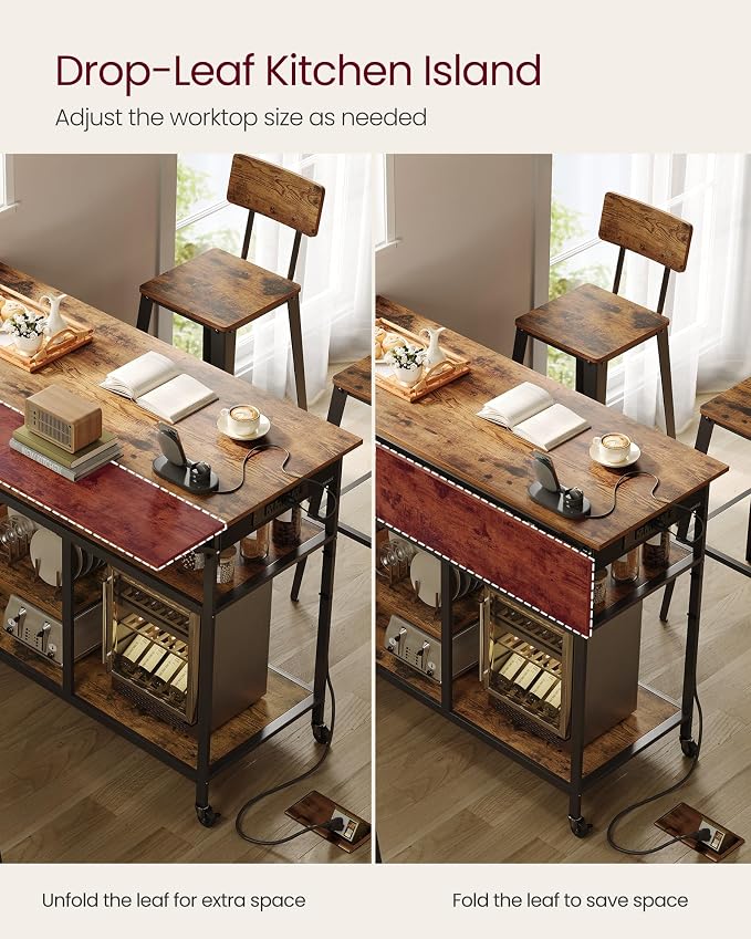 VASAGLE Kitchen Island with Drop Leaf, 47.2" Width Rolling Kitchen Cart with - Image 3