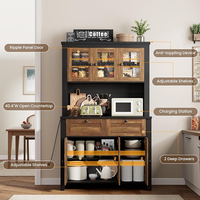 Pantry Cabinet with Charging Station, Farmhouse Kitchen Pantry Storage Cabinet - Image 5