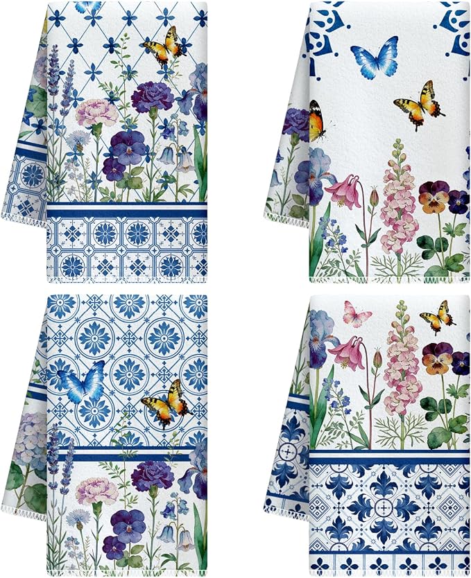 CUTHOLLOW Bohemian Blue Flowers Decorative Kitchen Towels Set of 4, by CUTHOLLOW