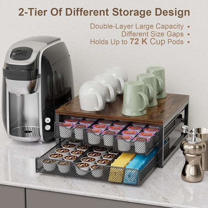 Coffee Pod Holder For Counter, 3 Pull-Out 72 K-Cup Holder Drawer, Wooden Cafe - Image 5