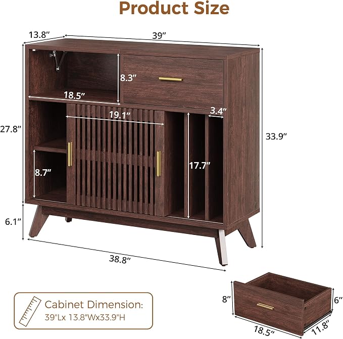 IRONCK Storage Cabinet with Drawer, Coffee Bar Cabinet with Sliding Door - Image 3